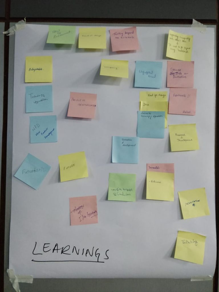 A chart titled Learnings covered with sticky notes such as Adaptable, Thinking beyond, Innovation, Future